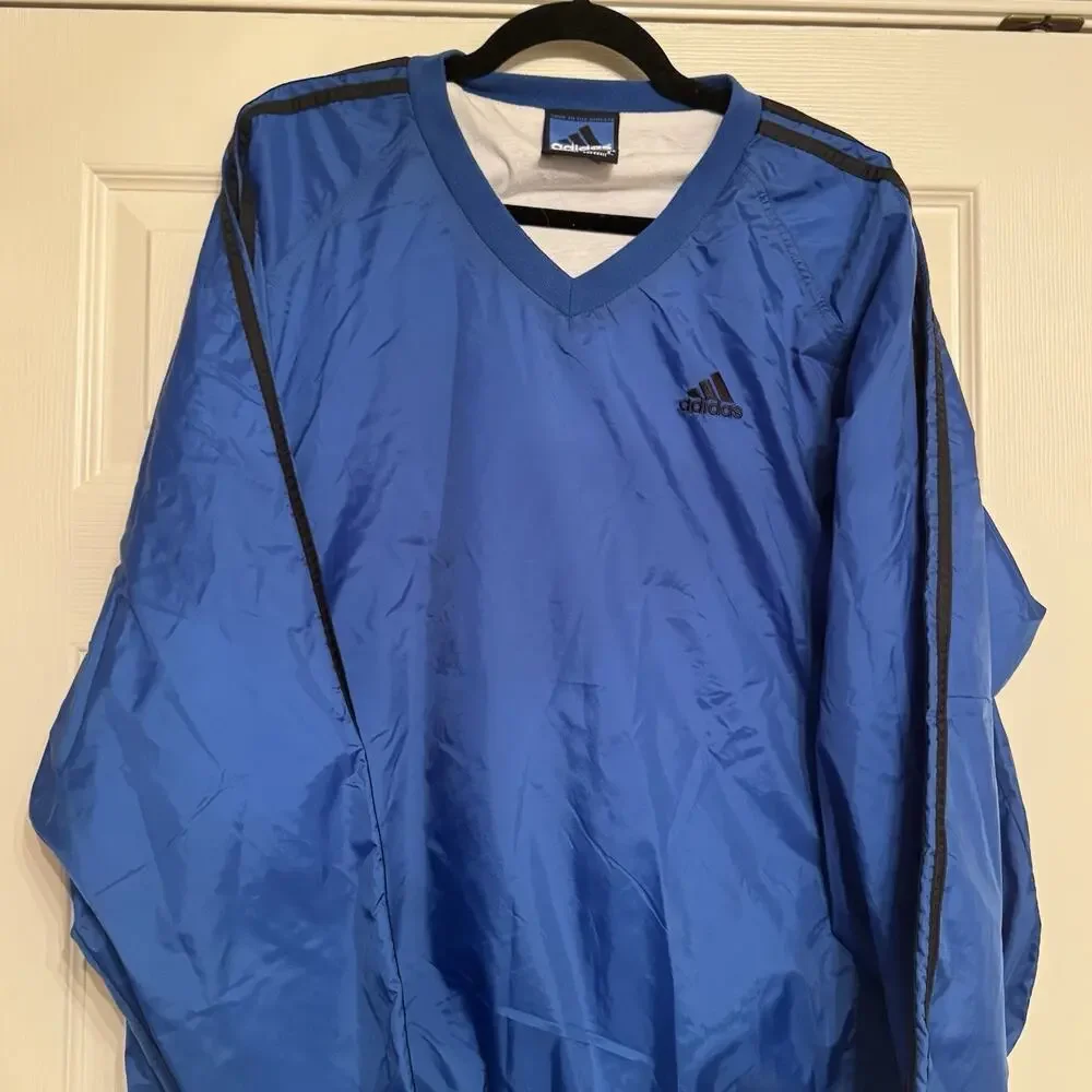 Vintage Adidas V-Neck Pullover Windbreaker‎ Jacket Royal Blue Black 3-Stripe